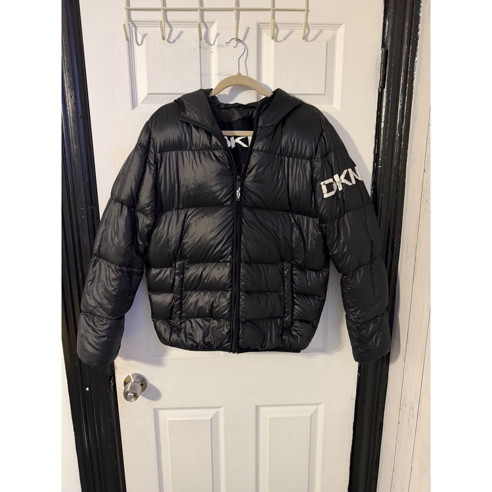 DKNY Mens Black Shiny Hooded Puffer Jacket Small Logo Sleeve Quilted Coat